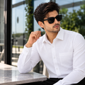 Man wearing the Premium White Shirt, a white cotton-linen full sleeve shirt for men
