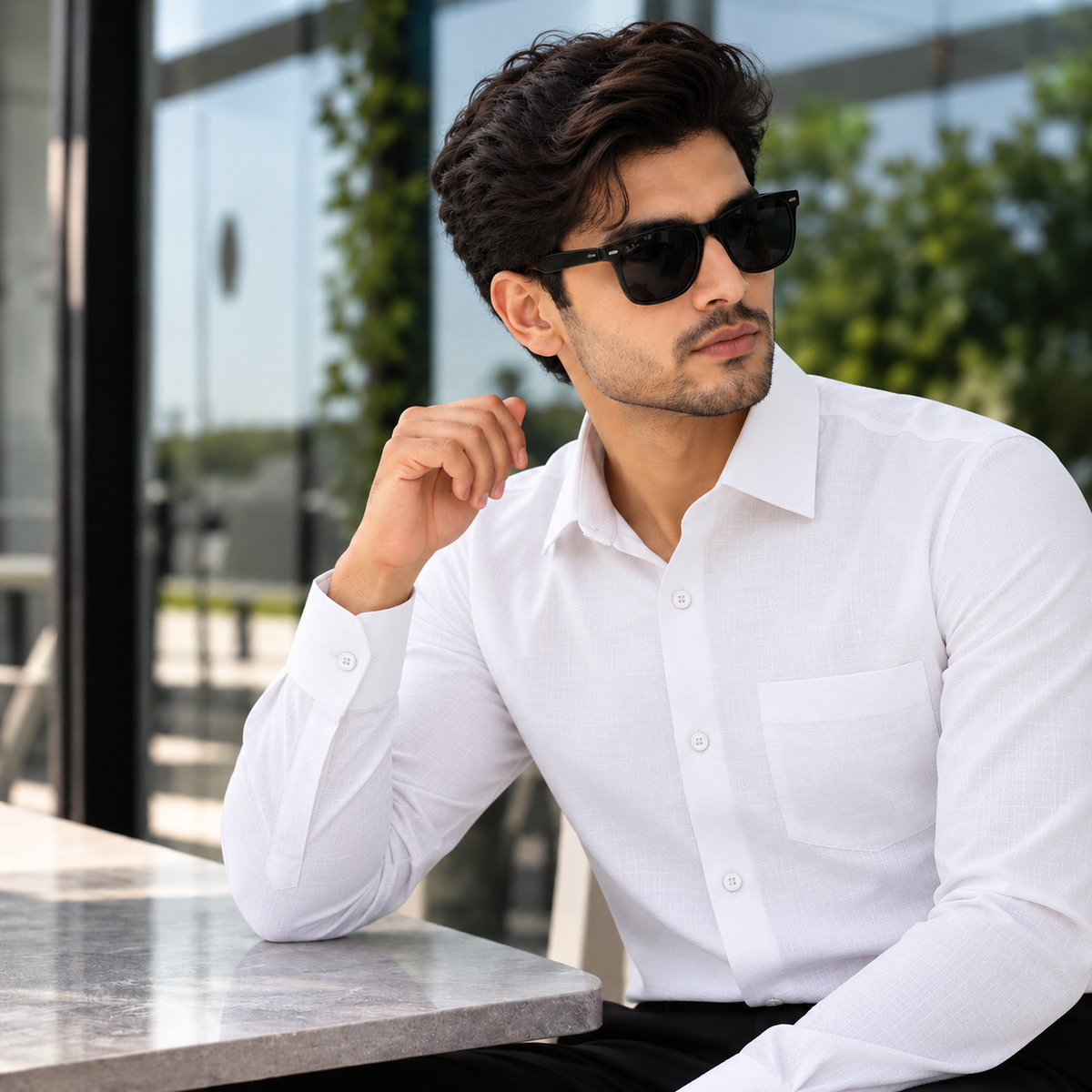 Man wearing the Premium White Shirt, a white cotton-linen full sleeve shirt for men
