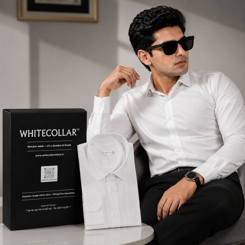 Man wearing the Premium White Shirt Men, a white full sleeve shirt for men, with gift box