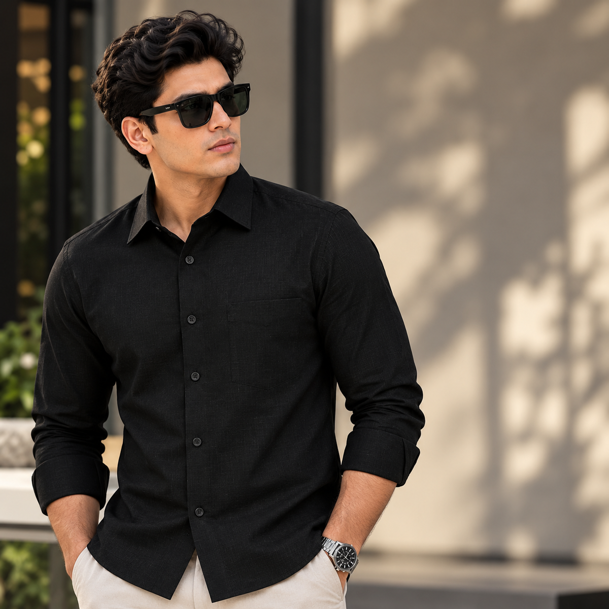 Man wearing the Quality Black Shirt, a black cotton-linen full sleeve shirt for men