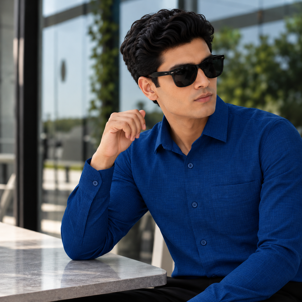 Man wearing the Royal Blue Shirt, a royal blue cotton-linen full sleeve shirt for men