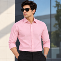 Man wearing the Premium Light Pink Shirt, a light pink cotton-linen full sleeve shirt for men