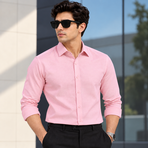 Man wearing the Premium Light Pink Shirt, a light pink cotton-linen full sleeve shirt for men